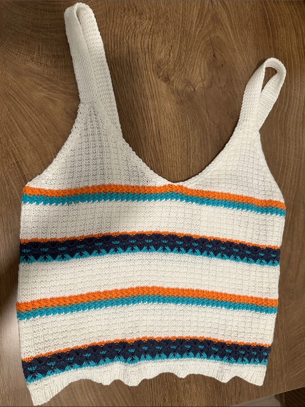White Knit Two-Piece Tank & Shorts Set with Teal and Orange Stripes